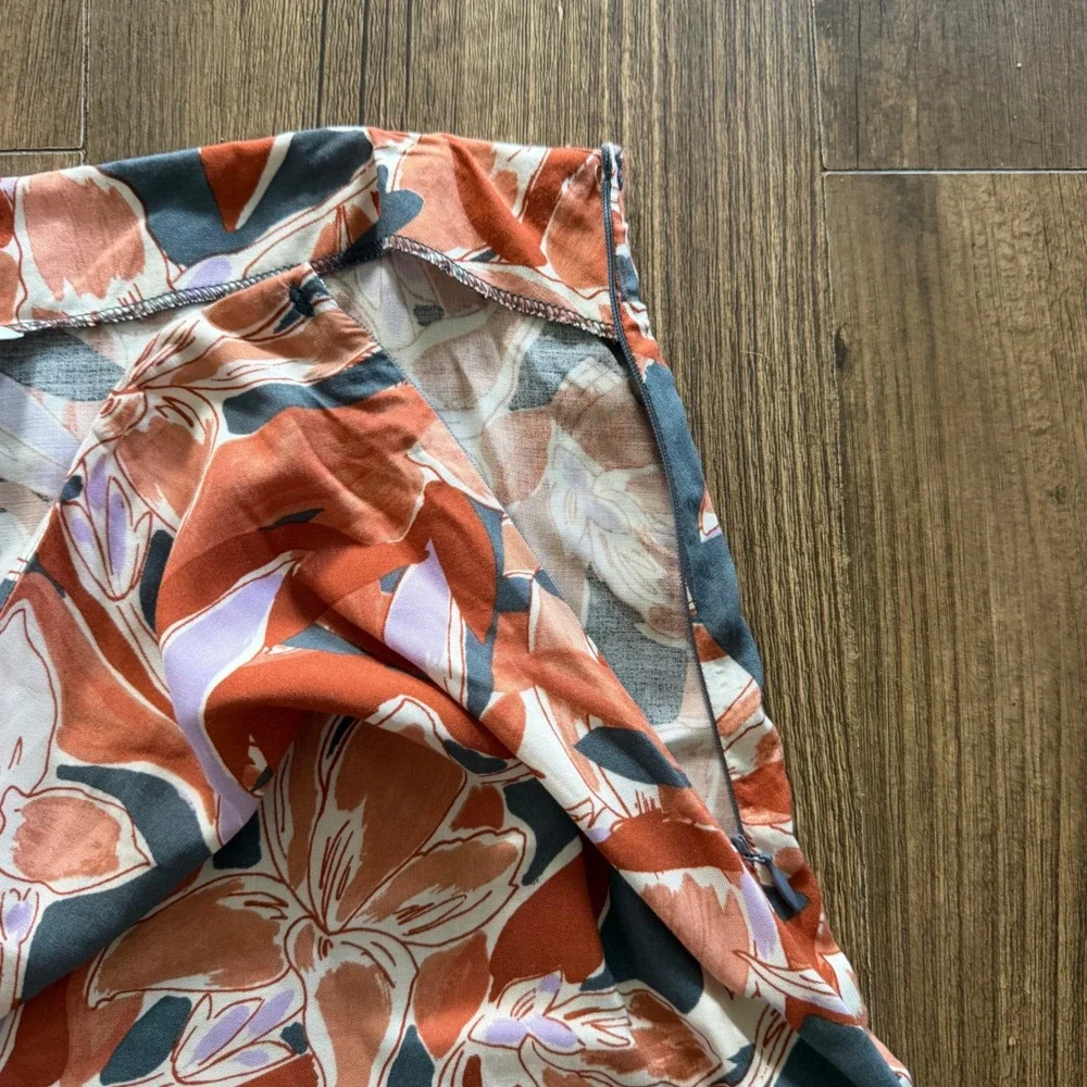 Nine West Asymmetrical Midi Skirt Womens Medium Terracotta Floral Ruffle Hem NEW